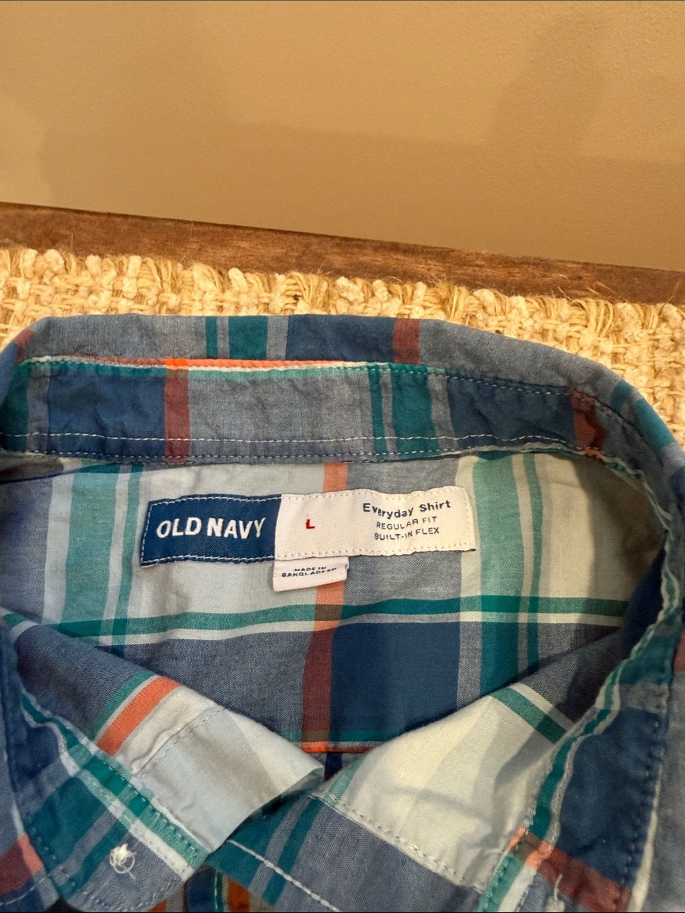 Old Navy Men’s Teal & Blue Plaid Button-Down Shirt with Orange Accents - Picture 6 of 7